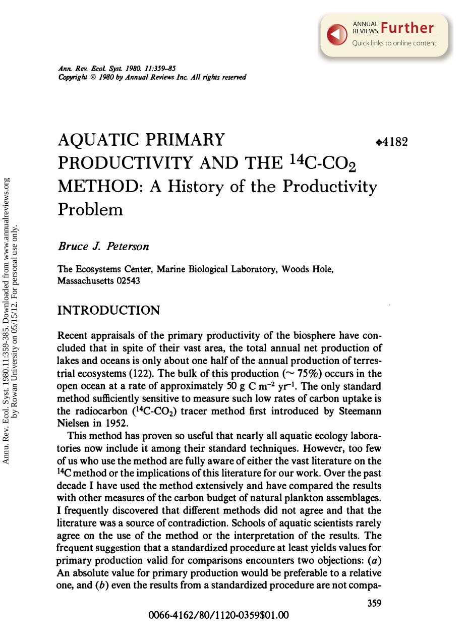 Aquatic Primary Productivity and the 14C-CO2 Method: A History of the Productivity Problem by B J Peterson