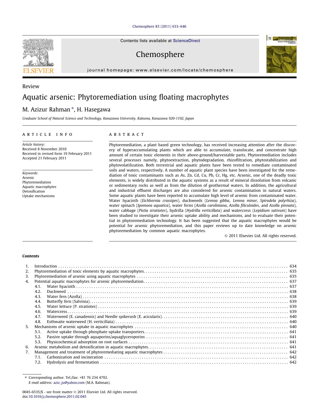 Aquatic arsenic: Phytoremediation using floating macrophytes by M. Azizur Rahman & H. Hasegawa