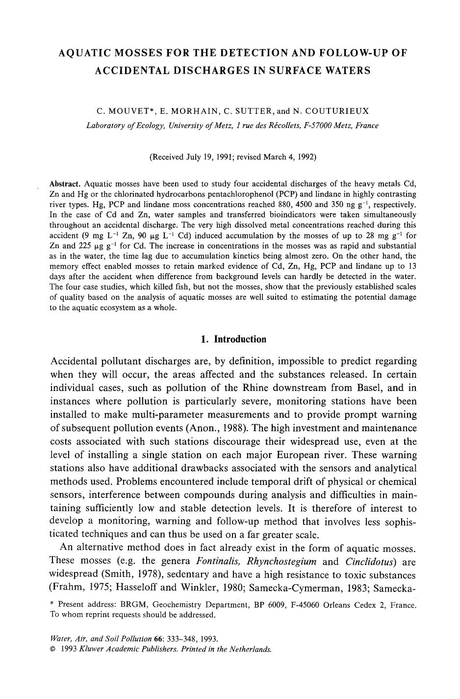 Aquatic mosses for the detection and follow-up of accidental discharges in surface waters by Unknown