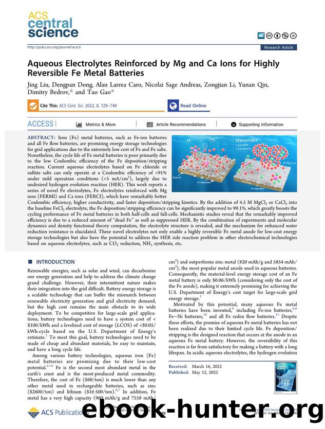 Aqueous Electrolytes Reinforced by Mg and Ca Ions for Highly Reversible Fe Metal Batteries by unknow