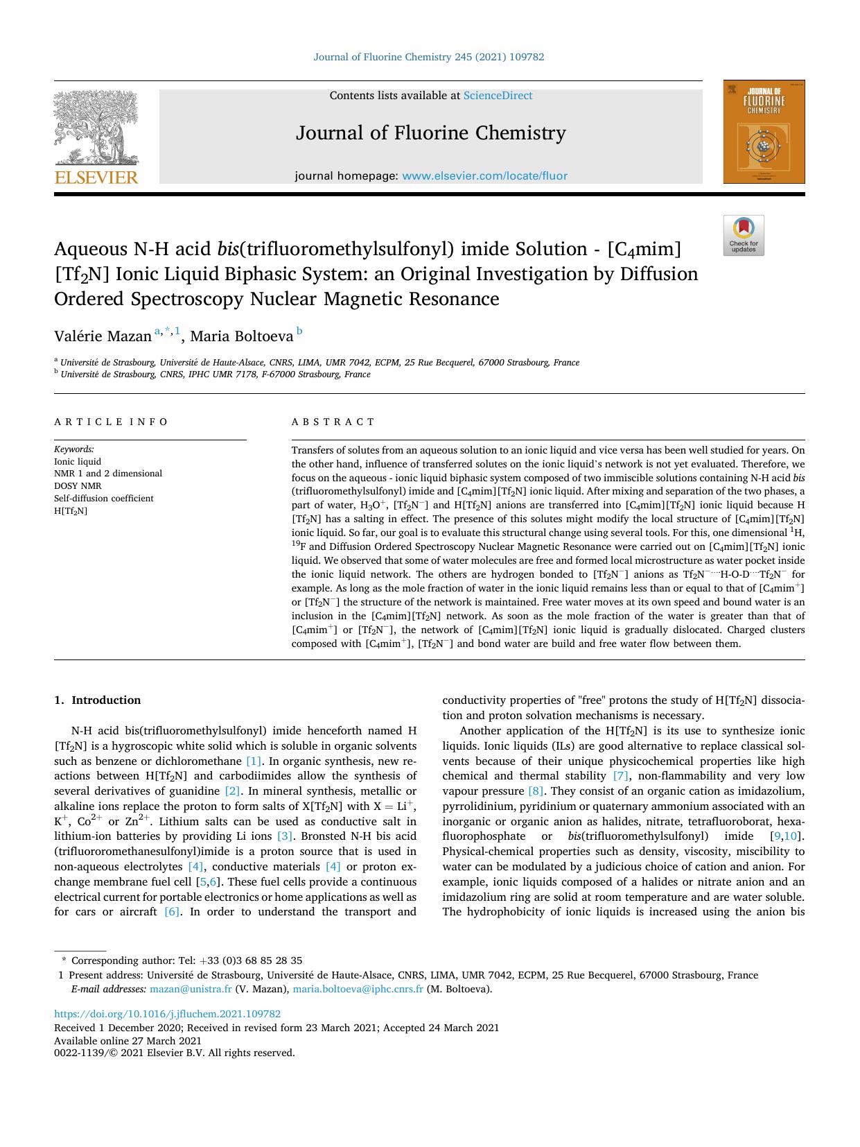 Aqueous N-H acid bis (trifluoromethylsulfonyl) imide Solution - [C4mim][Tf2N] Ionic Liquid Biphasic System: an Original Investigation by Diffusion Ordered Spectroscopy Nuclear Magnetic Resonance by Valérie Mazan & Maria Boltoeva