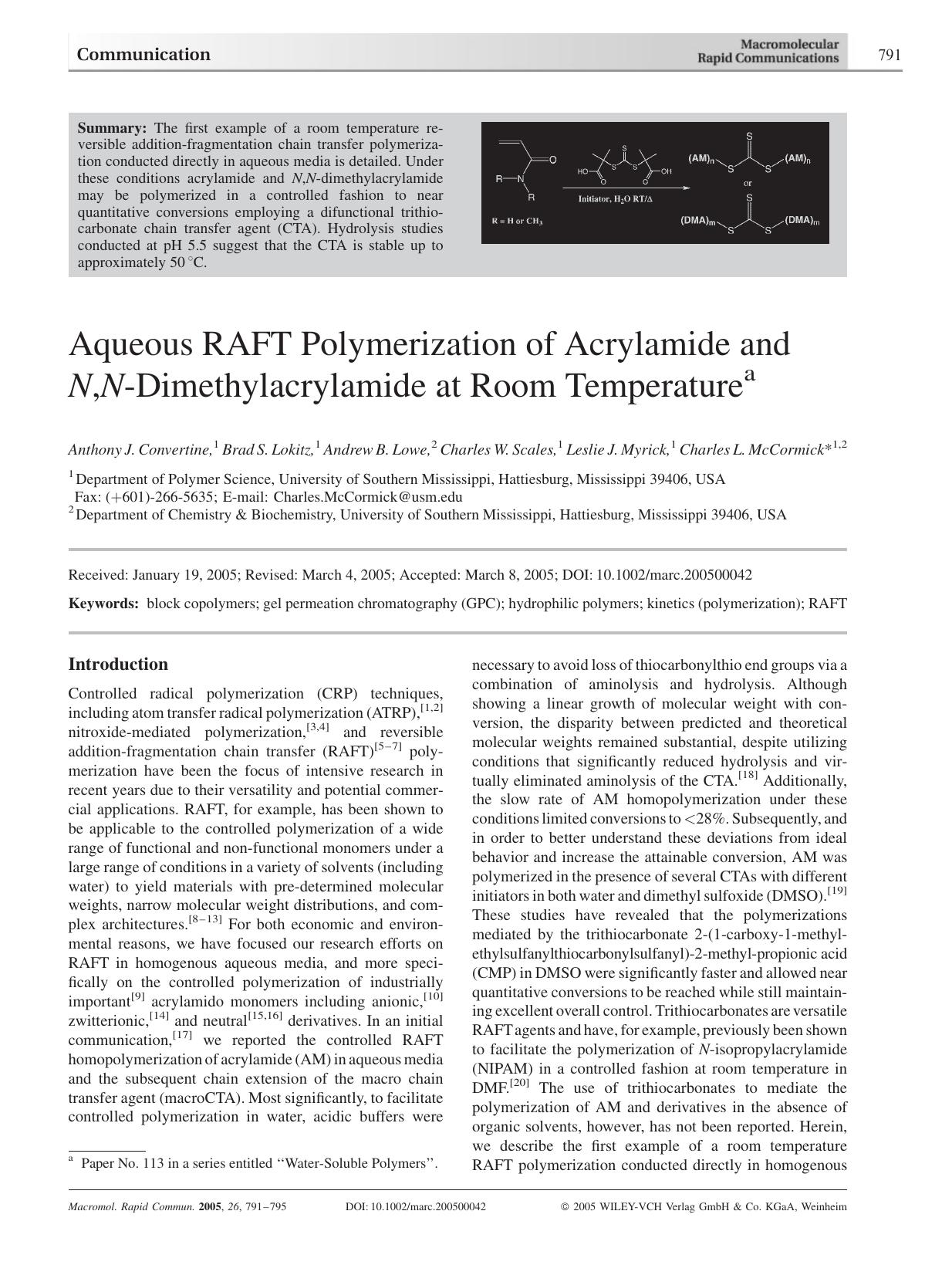 Aqueous RAFT Polymerization of Acrylamide and N,N-Dimethylacrylamide at Room Temperature by Unknown
