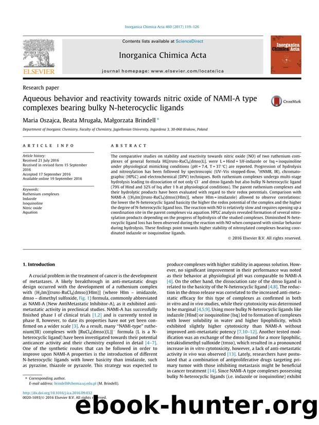 Aqueous behavior and reactivity towards nitric oxide of NAMI-A type complexes bearing bulky N-heterocyclic ligands by Maria Oszajca & Beata Mrugała & Małgorzata Brindell