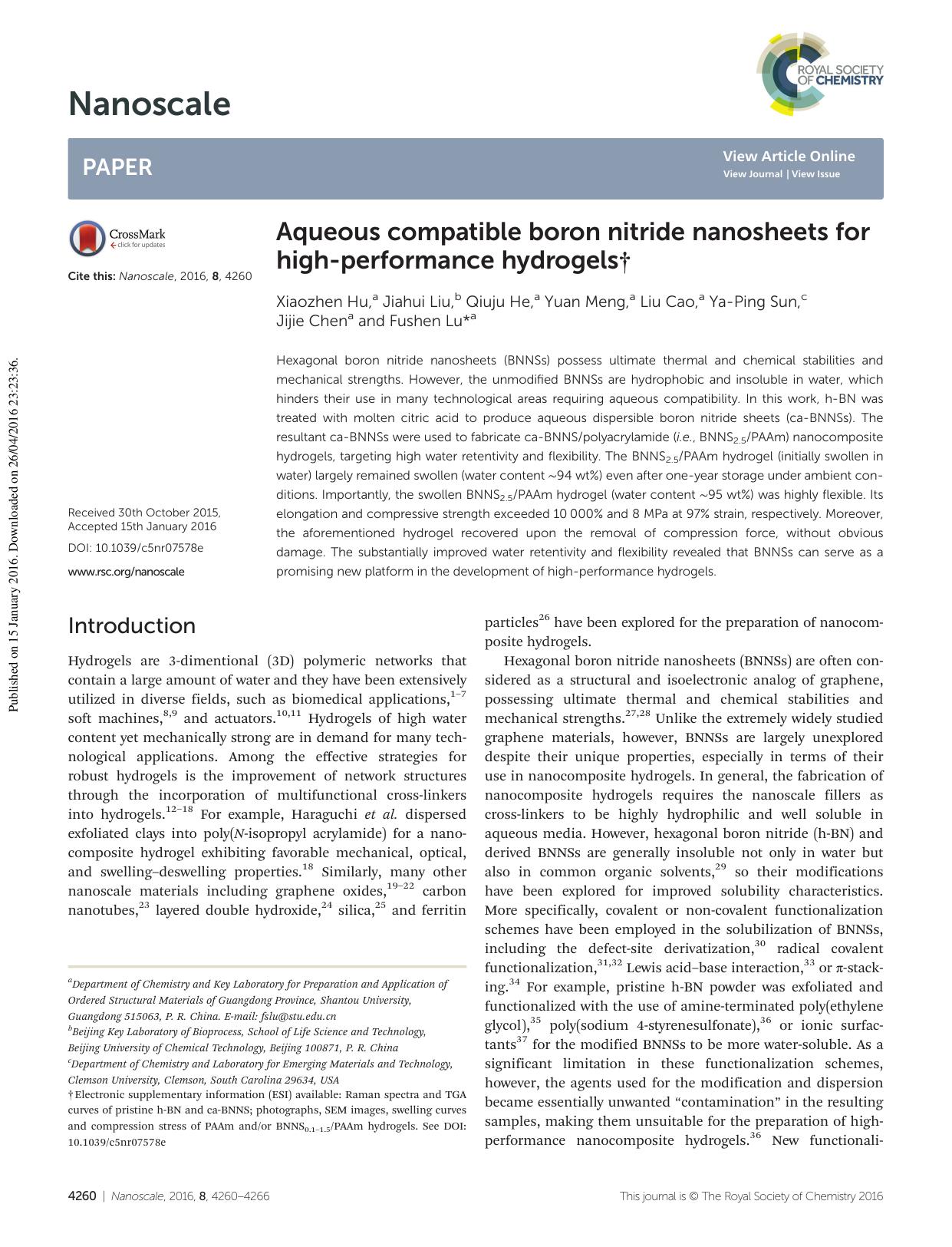 Aqueous compatible boron nitride nanosheets for high-performance hydrogels by Xiaozhen Hu Jiahui Liu Qiuju He Yuan Meng Liu Cao Ya-Ping Sun Jijie Chen Fushen Lu