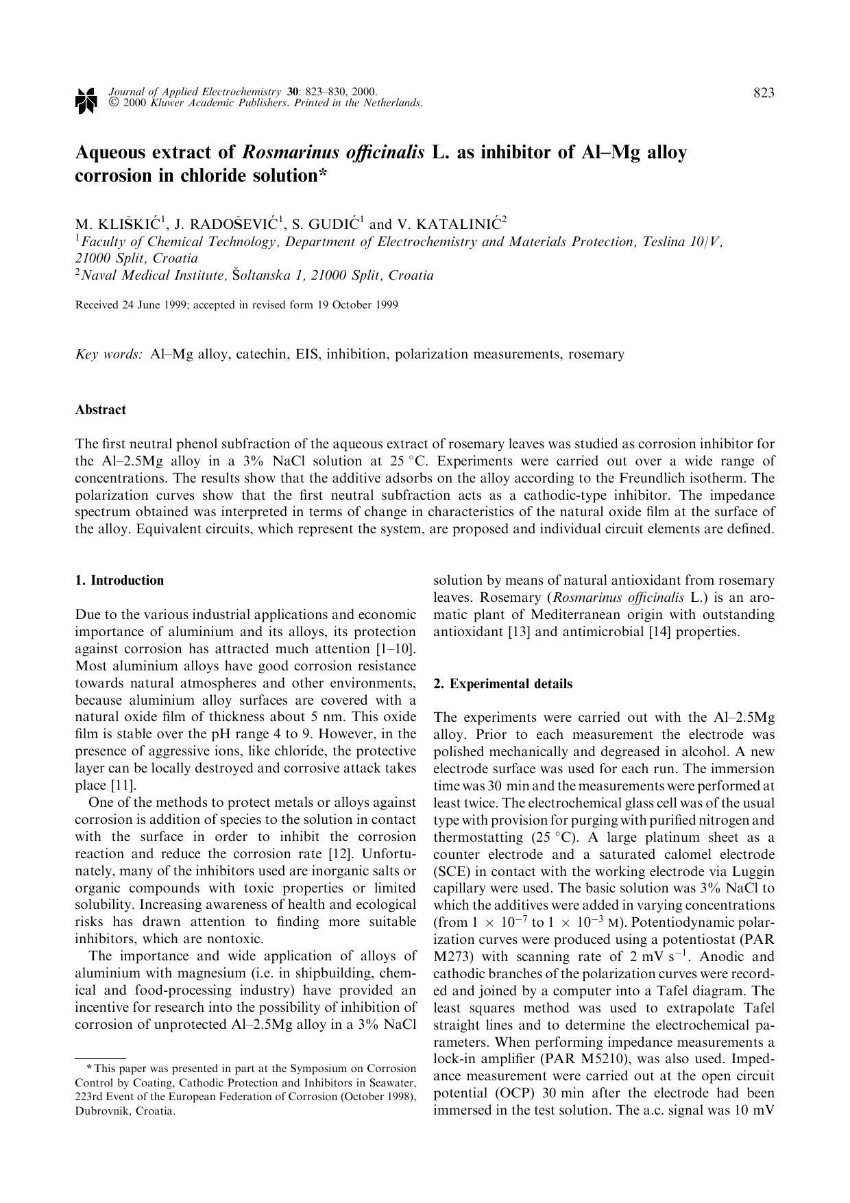 Aqueous extract of Rosmarinus officinalis L. as inhibitor of Al–Mg alloy corrosion in chloride solution by Unknown