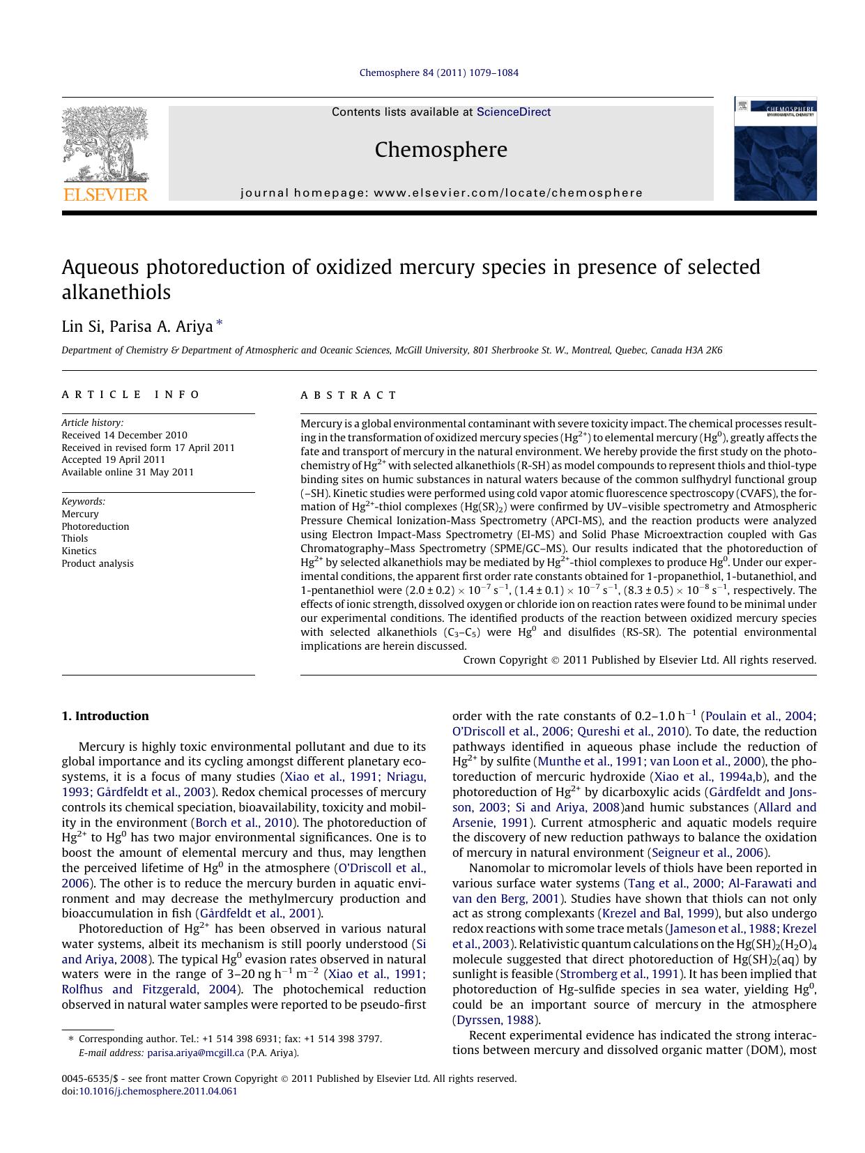 Aqueous photoreduction of oxidized mercury species in presence of selected alkanethiols by Lin Si & Parisa A. Ariya