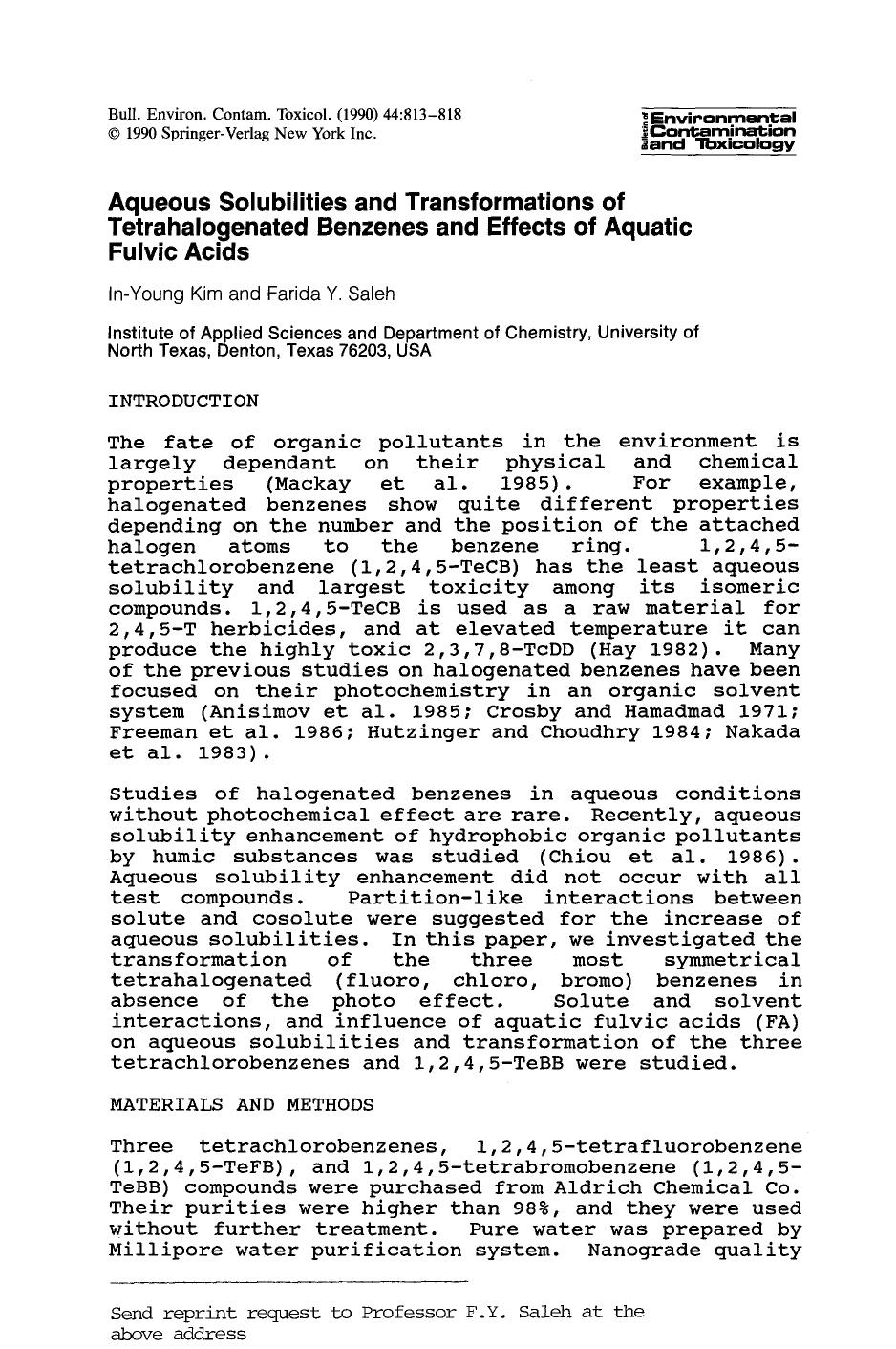 Aqueous solubilities and transformations of tetrahalogenated benzenes and effects of aquatic fulvic acids by Unknown