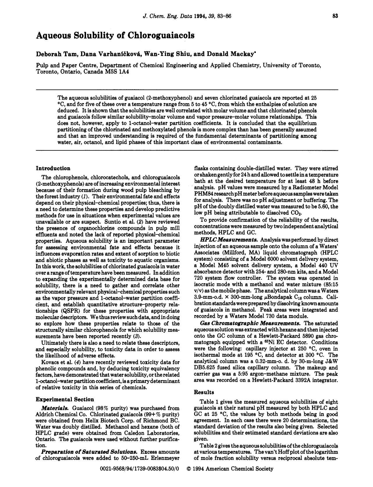 Aqueous solubility of chloroguaiacols by Deborah Tam Dana Varhanickova Wan Ying Shiu Donald Mackay
