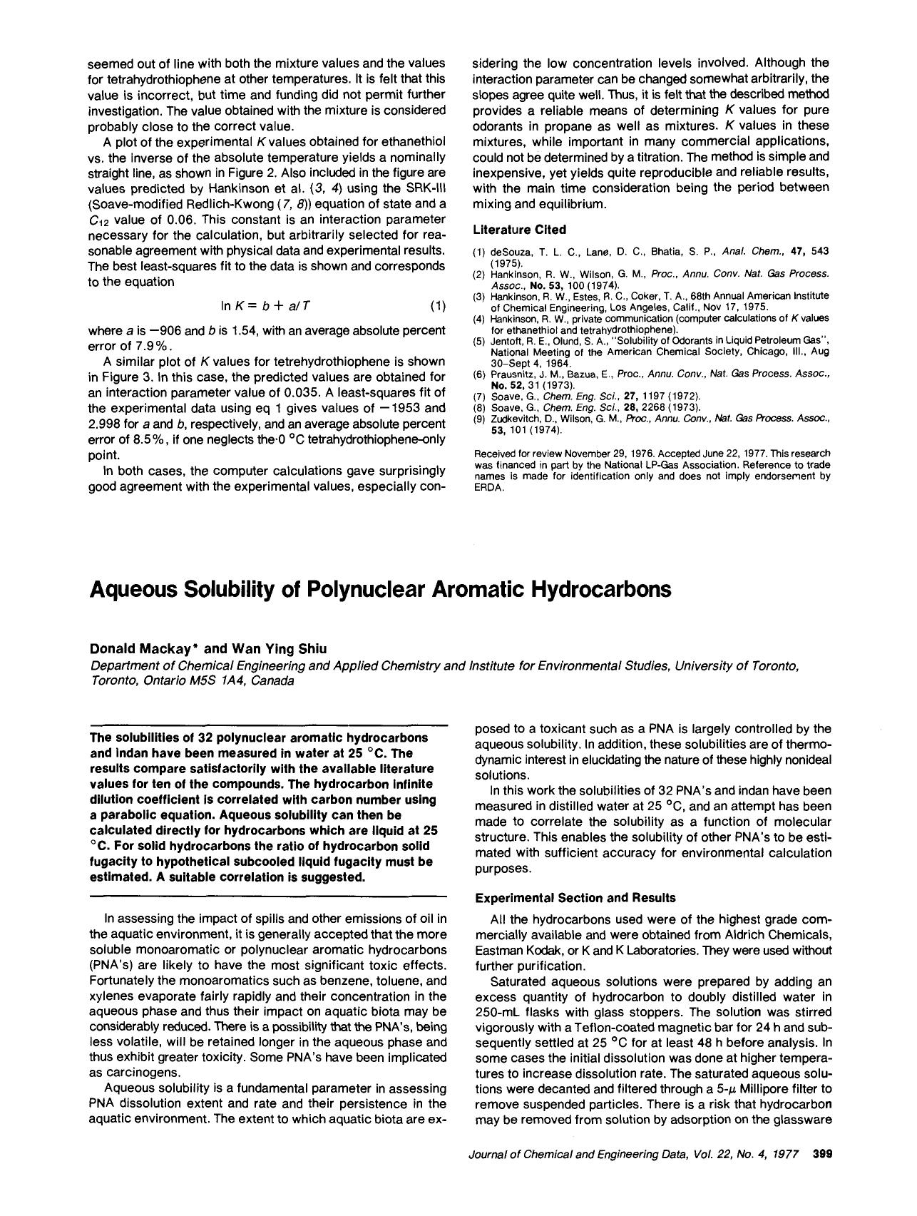 Aqueous solubility of polynuclear aromatic hydrocarbons by Donald Mackay Wan Ying Shiu