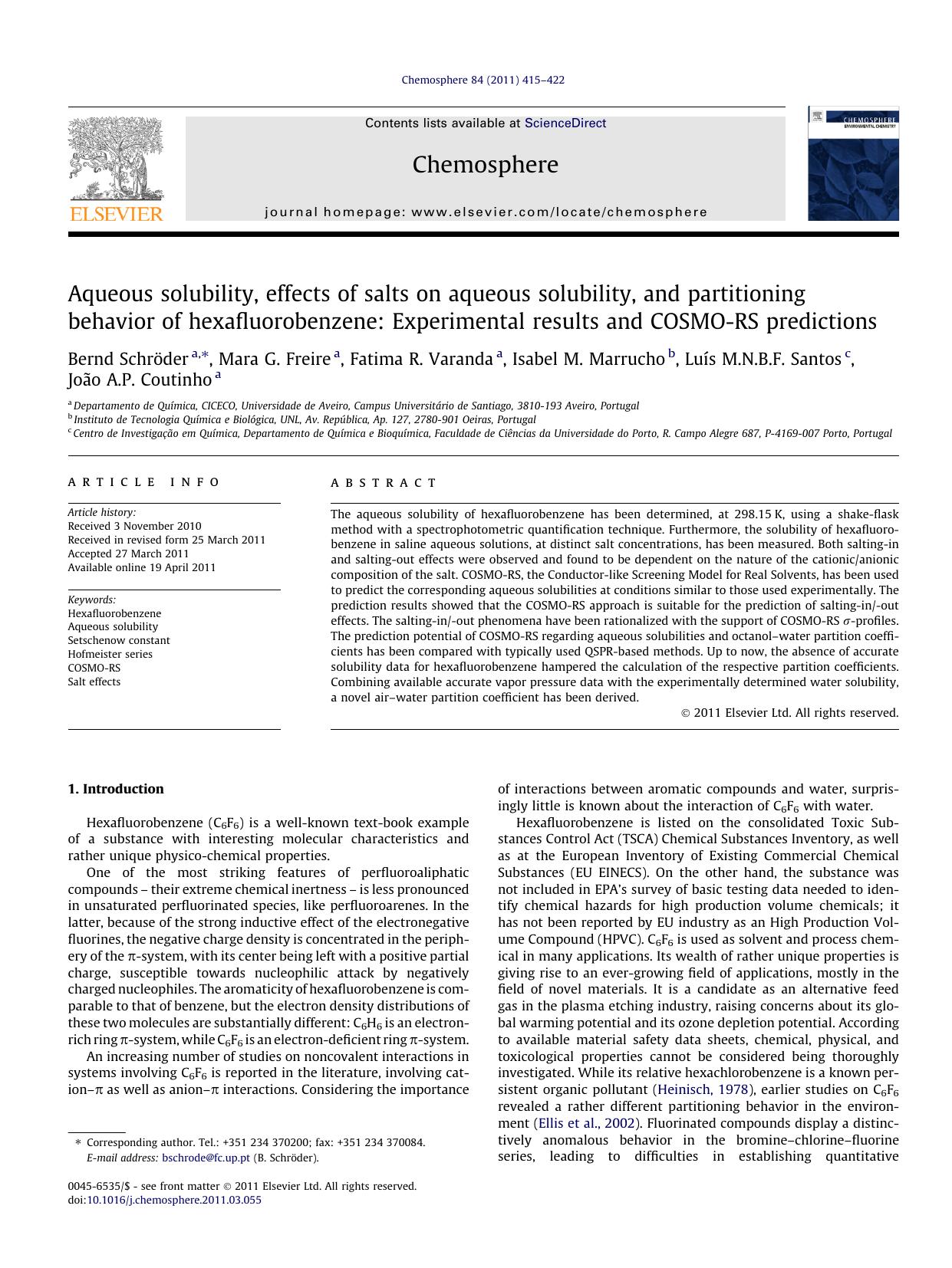Aqueous solubility, effects of salts on aqueous solubility, and partitioning behavior of hexafluorobenzene: Experimental results and COSMO-RS predictions by unknow