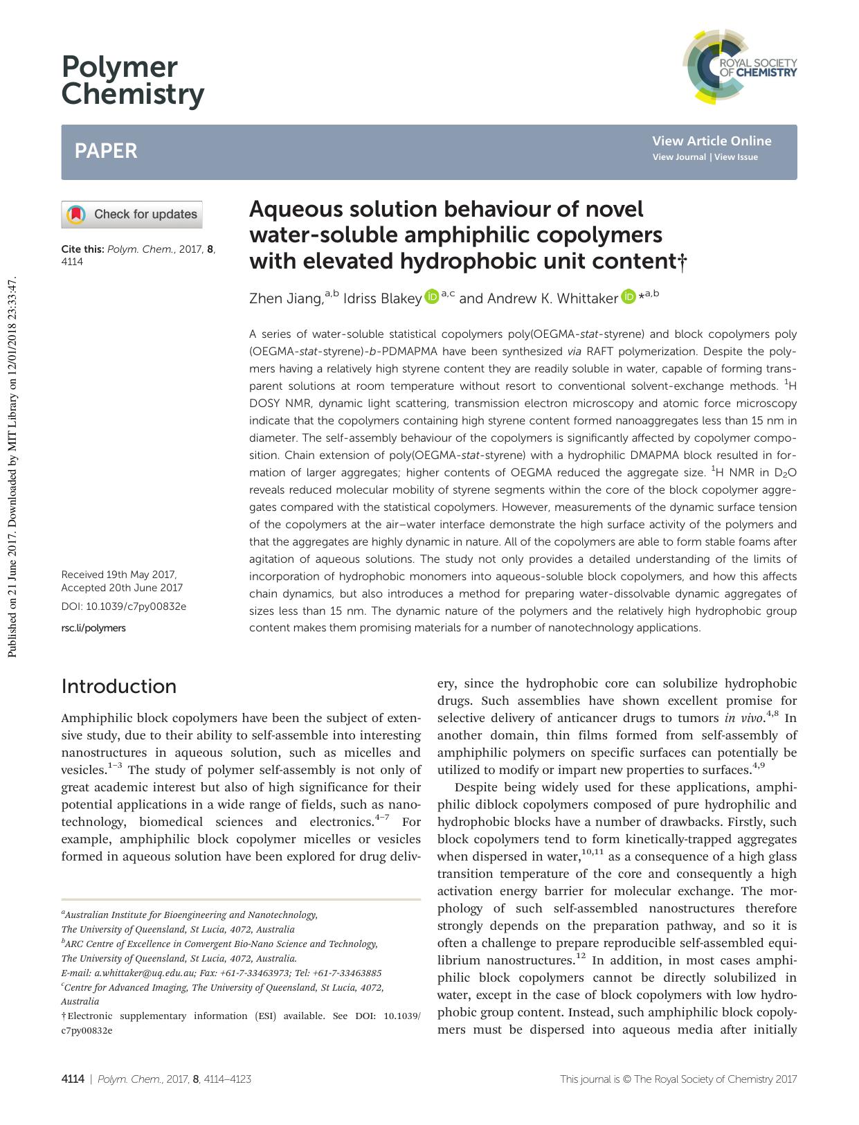 Aqueous solution behaviour of novel water-soluble amphiphilic copolymers with elevated hydrophobic unit content by Zhen Jiang Idriss Blakey Andrew K. Whittaker