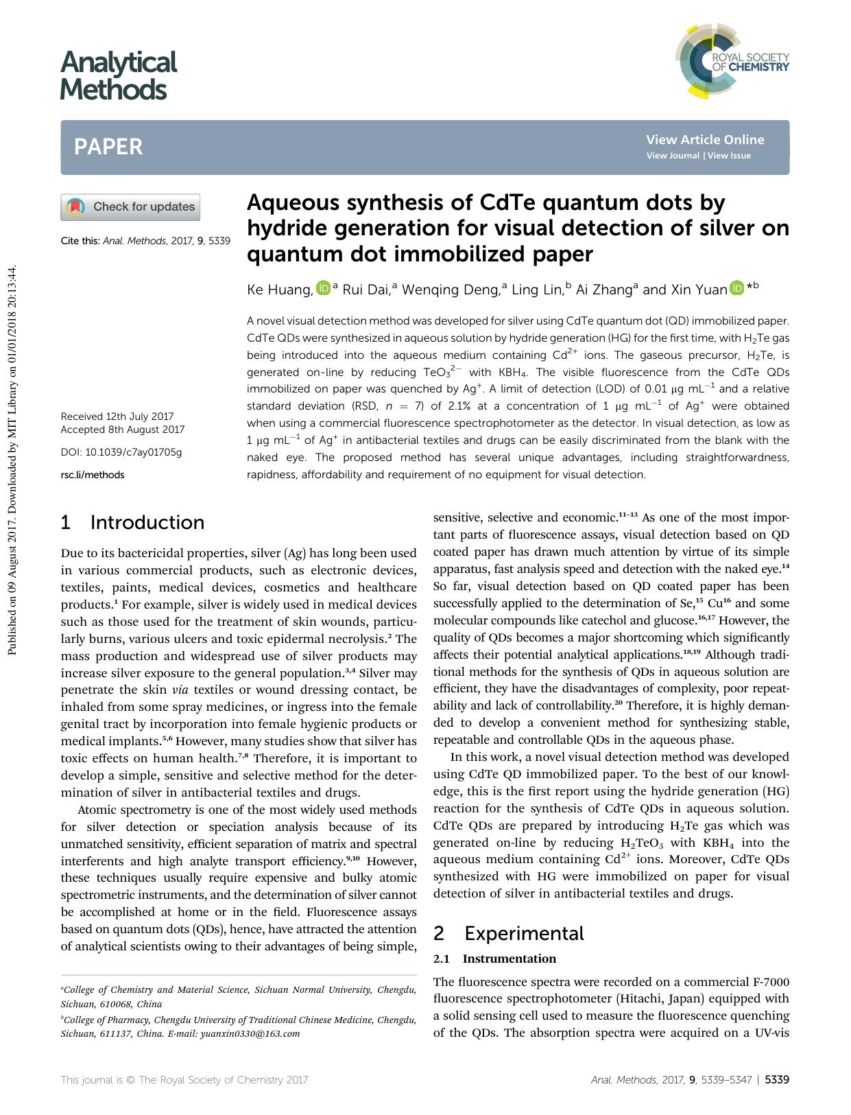 Aqueous synthesis of CdTe quantum dots by hydride generation for visual detection of silver on quantum dot immobilized paper by Ke Huang & Rui Dai & Wenqing Deng & Ling Lin & Ai Zhang & Xin Yuan