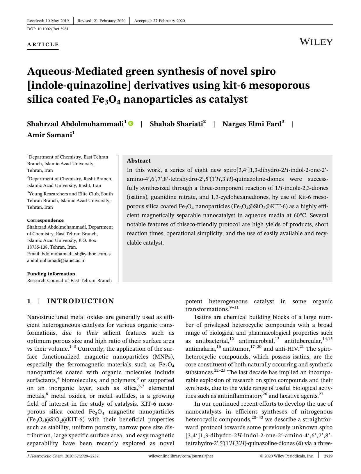 Aqueous-Mediated Green Synthesis of Novel Spiro[indole-quinazoline] Derivatives Using Kit-6 Mesoporous Silica Coated Fe3O4 Nanoparticles as Catalyst by Unknown