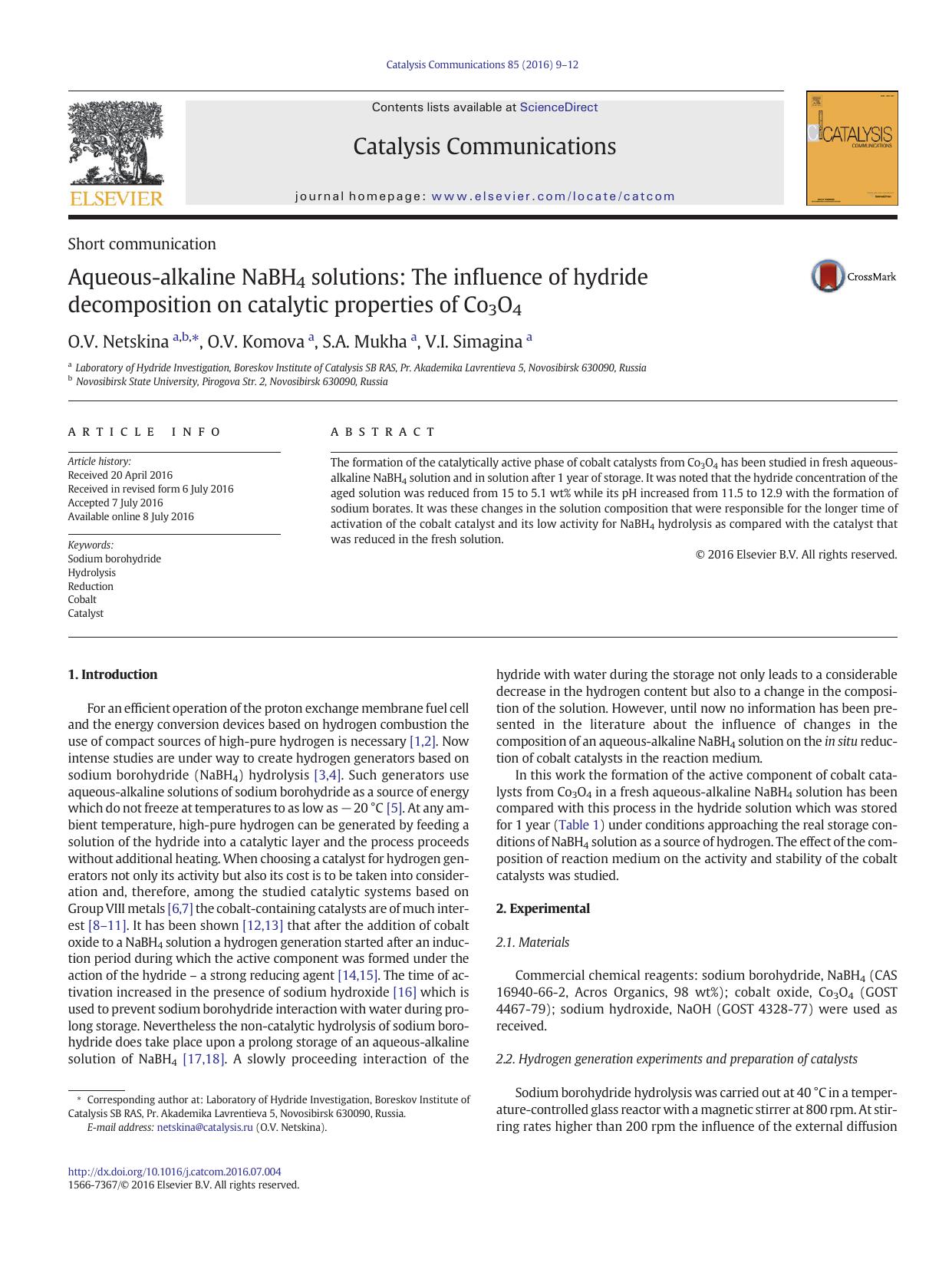 Aqueous-alkaline NaBH4 solutions: The influence of hydride decomposition on catalytic properties of Co3O4 by O.V. Netskina & O.V. Komova & S.A. Mukha & V.I. Simagina
