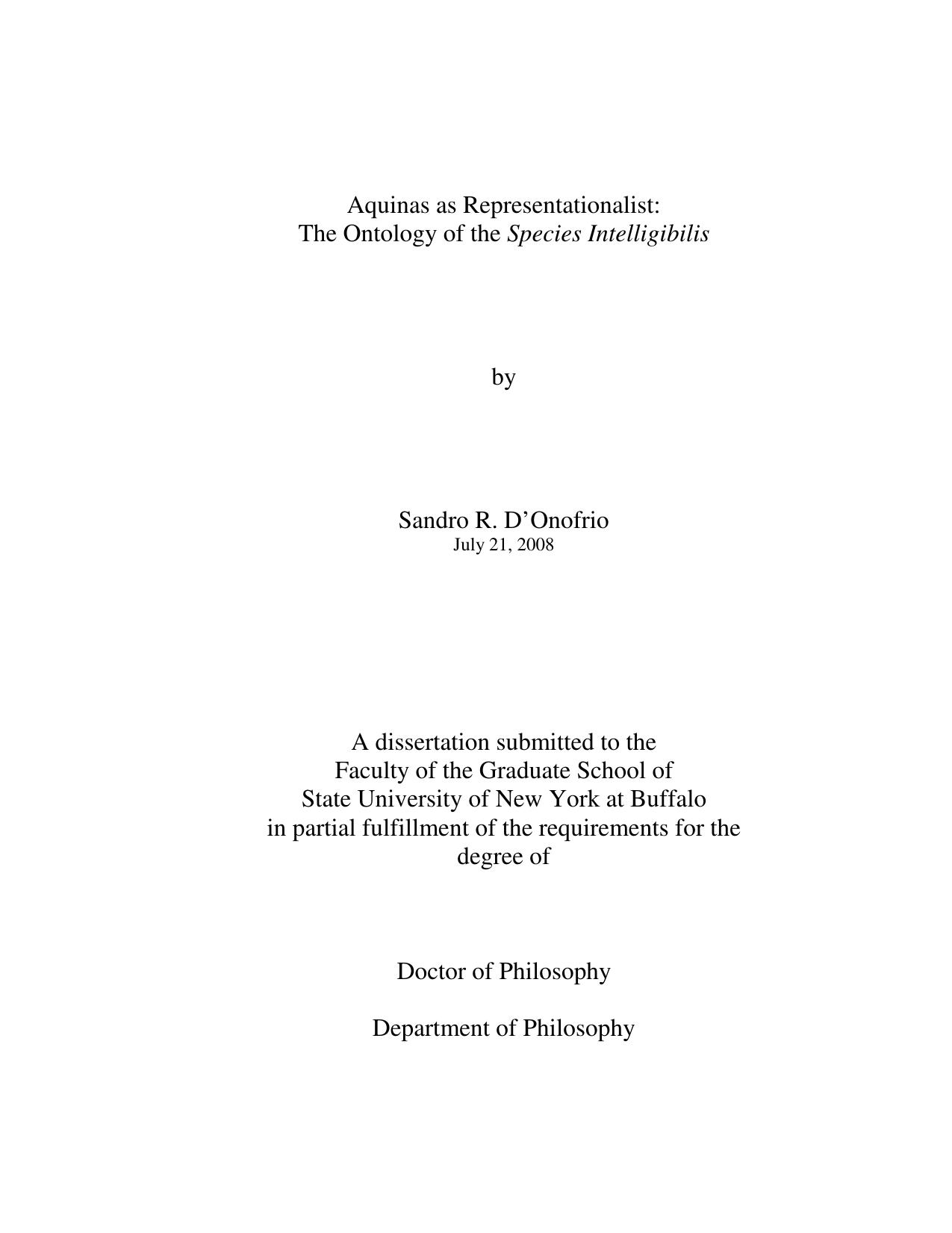 Aquinas as Representationalist: The Ontology of the Species Intelligibilis by Sandro R D'Onofrio