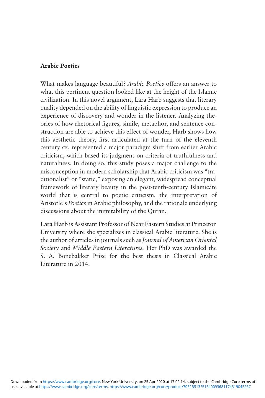 Arabic Poetics: Aesthetic Experience in Classical Arabic Literature by Lara Harb