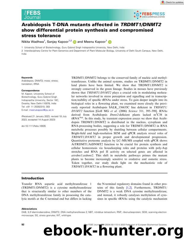 Arabidopsis TâDNA mutants affected in TRDMT1DNMT2 show differential protein synthesis and compromised stress tolerance by Unknown