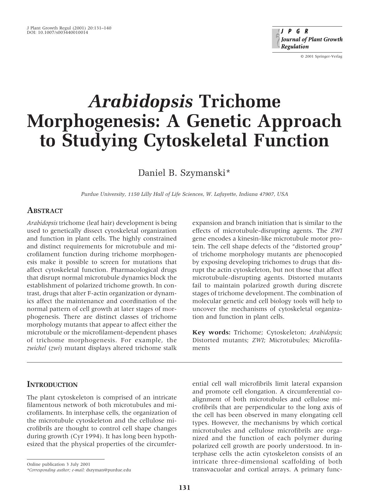 Arabidopsis Trichome Morphogenesis: A Genetic Approach to Studying Cytoskeletal Function by Szymanski D