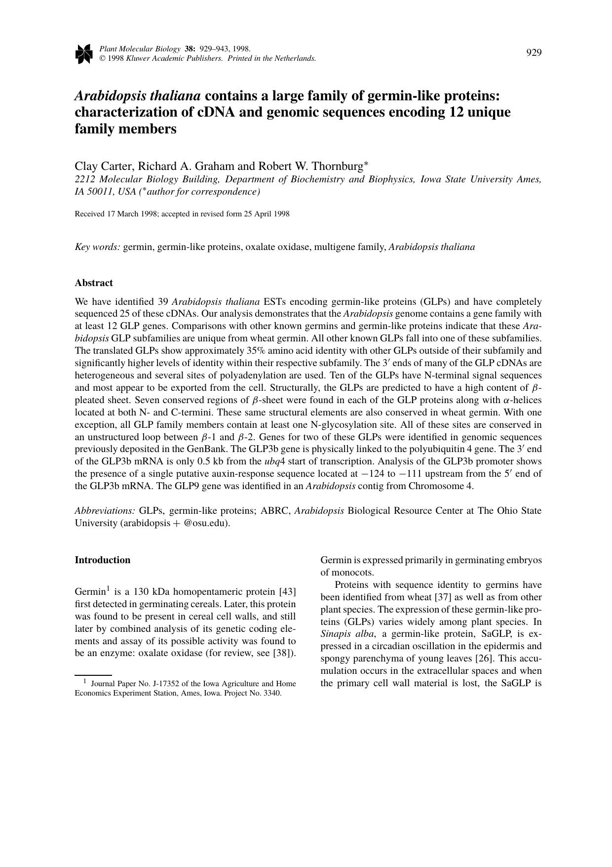 Arabidopsis thaliana contains a large family of germin-like proteins: characterization of cDNA and genomic sequences encoding 12 unique family members by Unknown