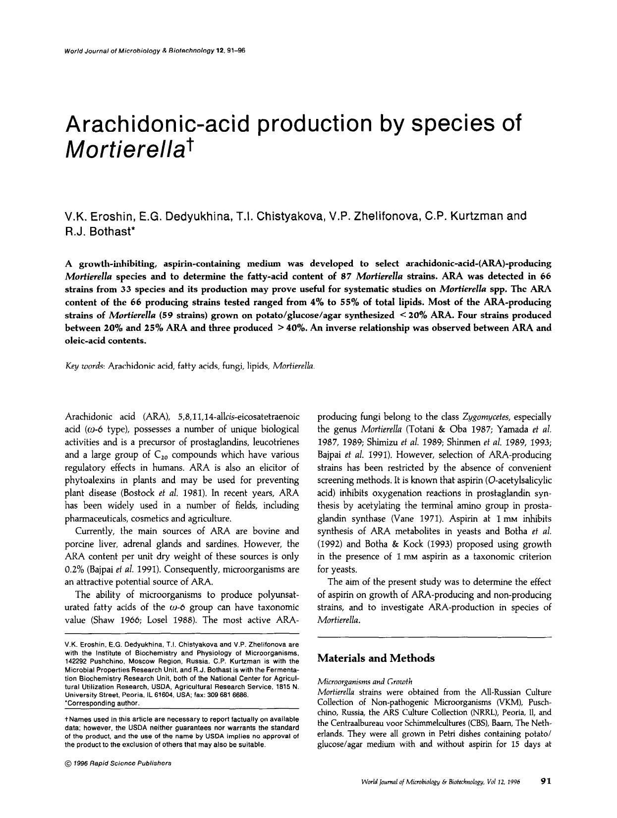Arachidonic-acid production by species of <Emphasis Type="Italic">Mortierella<Emphasis> by Unknown