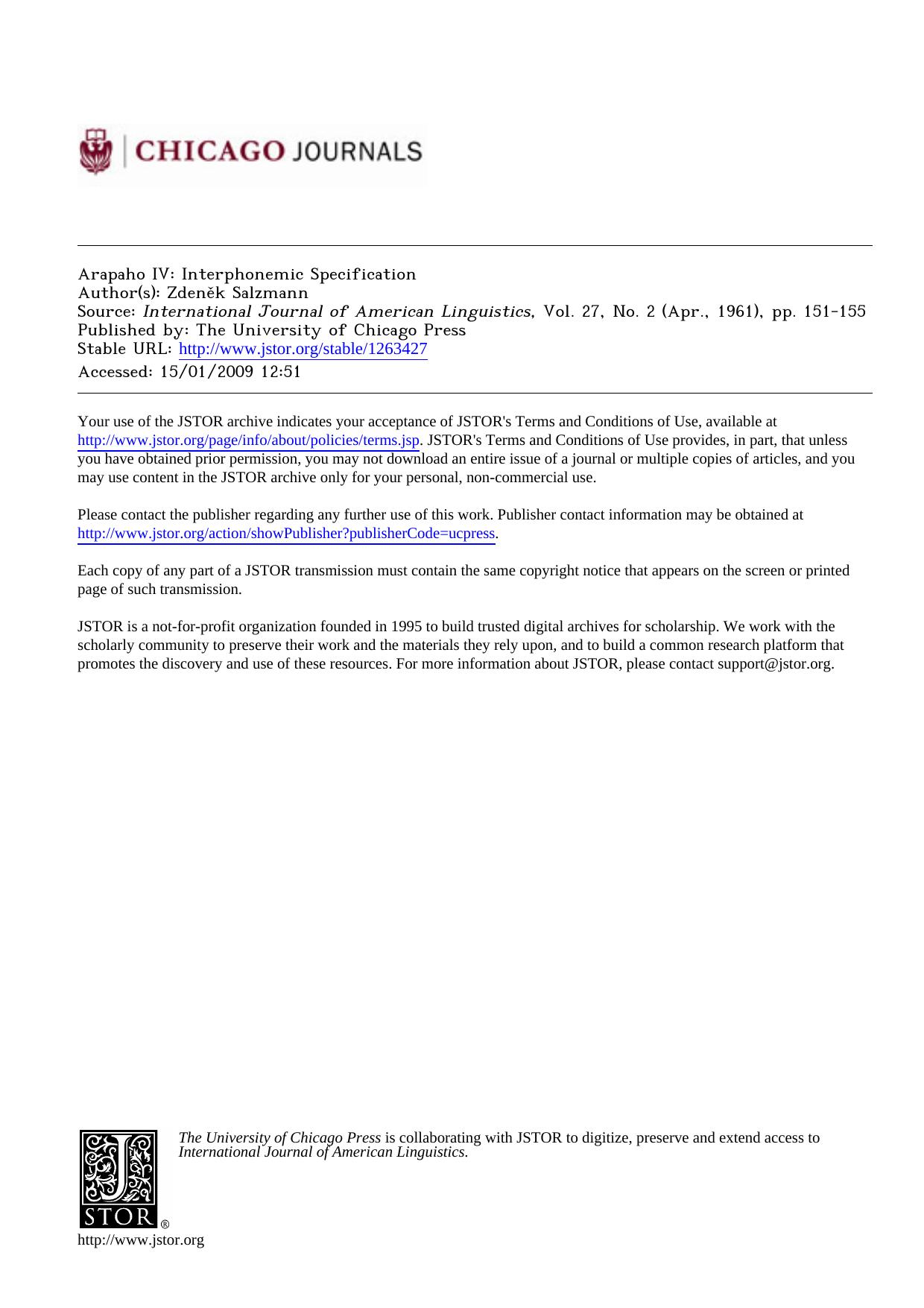 Arapaho IV: Interphonemic Specification by Salzmann Z