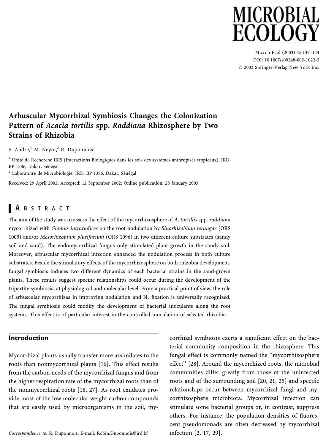 Arbuscular Mycorrhizal Symbiosis Changes the Colonization Pattern of Acacia tortilis spp. Raddiana Rhizosphere by Two Strains of Rhizobia by Andre S