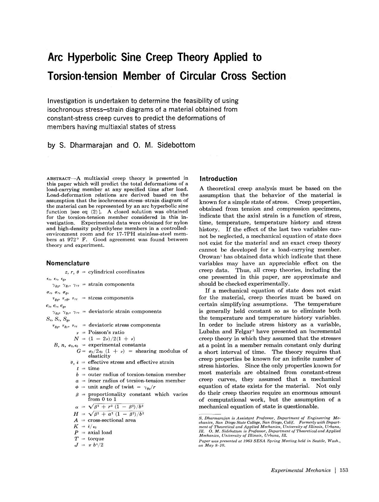 Arc Hyperbolic sine creep theory applied to torsion-tension member of circular cross section by Unknown
