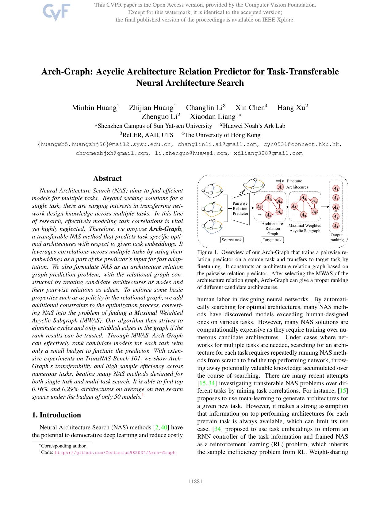 Arch-Graph: Acyclic Architecture Relation Predictor for Task-Transferable Neural Architecture Search by Minbin Huang & Zhijian Huang & Changlin Li & Xin Chen & Hang Xu & Zhenguo Li & Xiaodan Liang