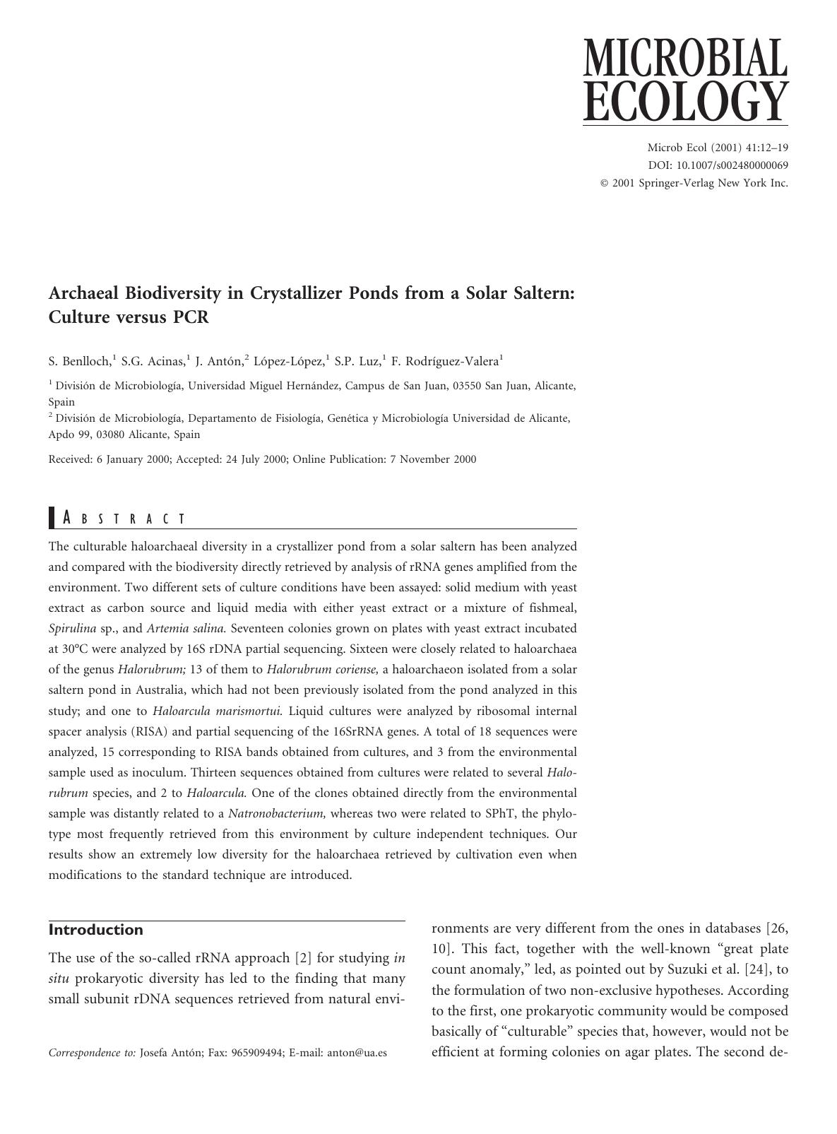 Archaeal Biodiversity in Crystallizer Ponds from a Solar Saltern: Culture versus PCR by Benlloch S. et al