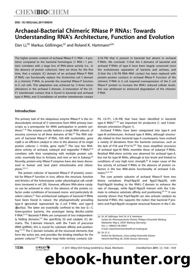 ArchaealBacterial Chimeric RNase P RNAs: Towards Understanding RNA's Architecture, Function and Evolution by Unknown