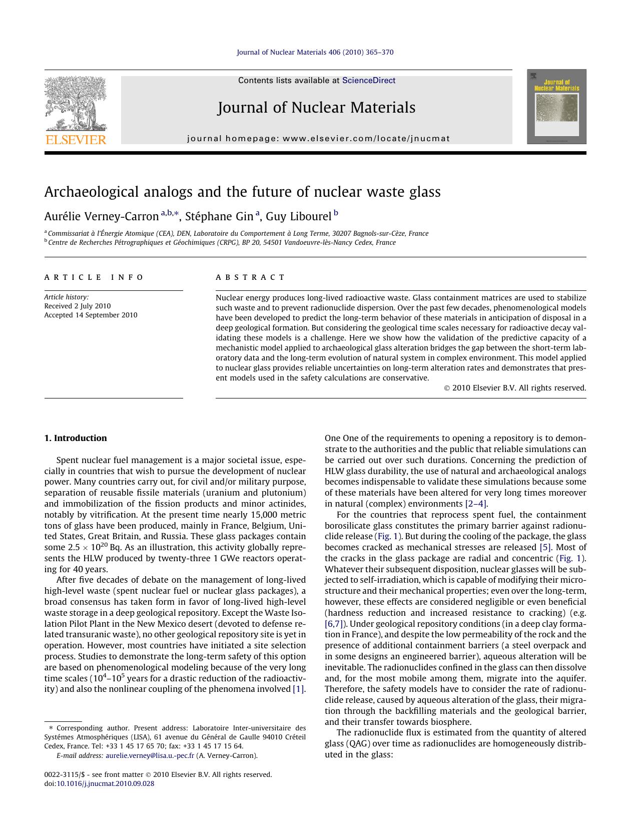 Archaeological analogs and the future of nuclear waste glass by AurÃ©lie Verney-Carron & Stéphane Gin & Guy Libourel