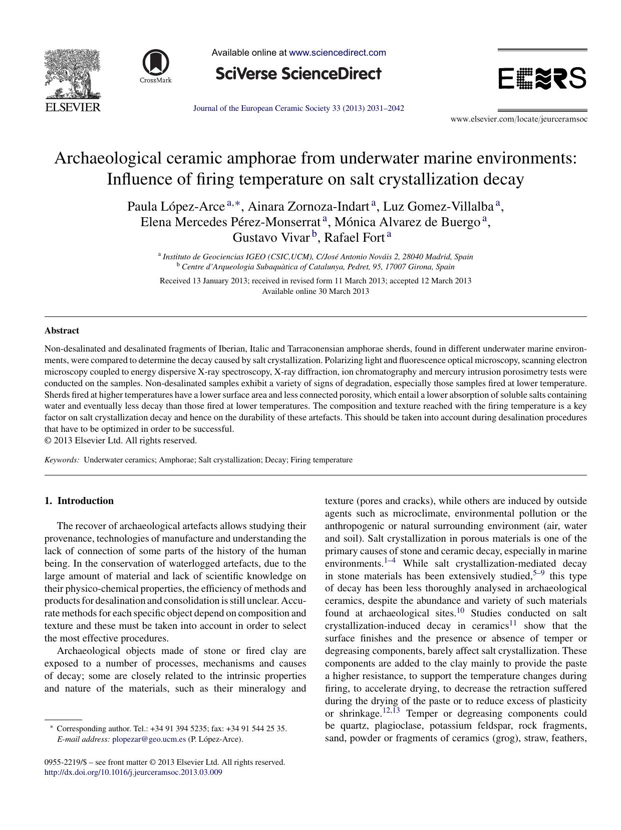 Archaeological ceramic amphorae from underwater marine environments: Influence of firing temperature on salt crystallization decay by Paula López-Arce