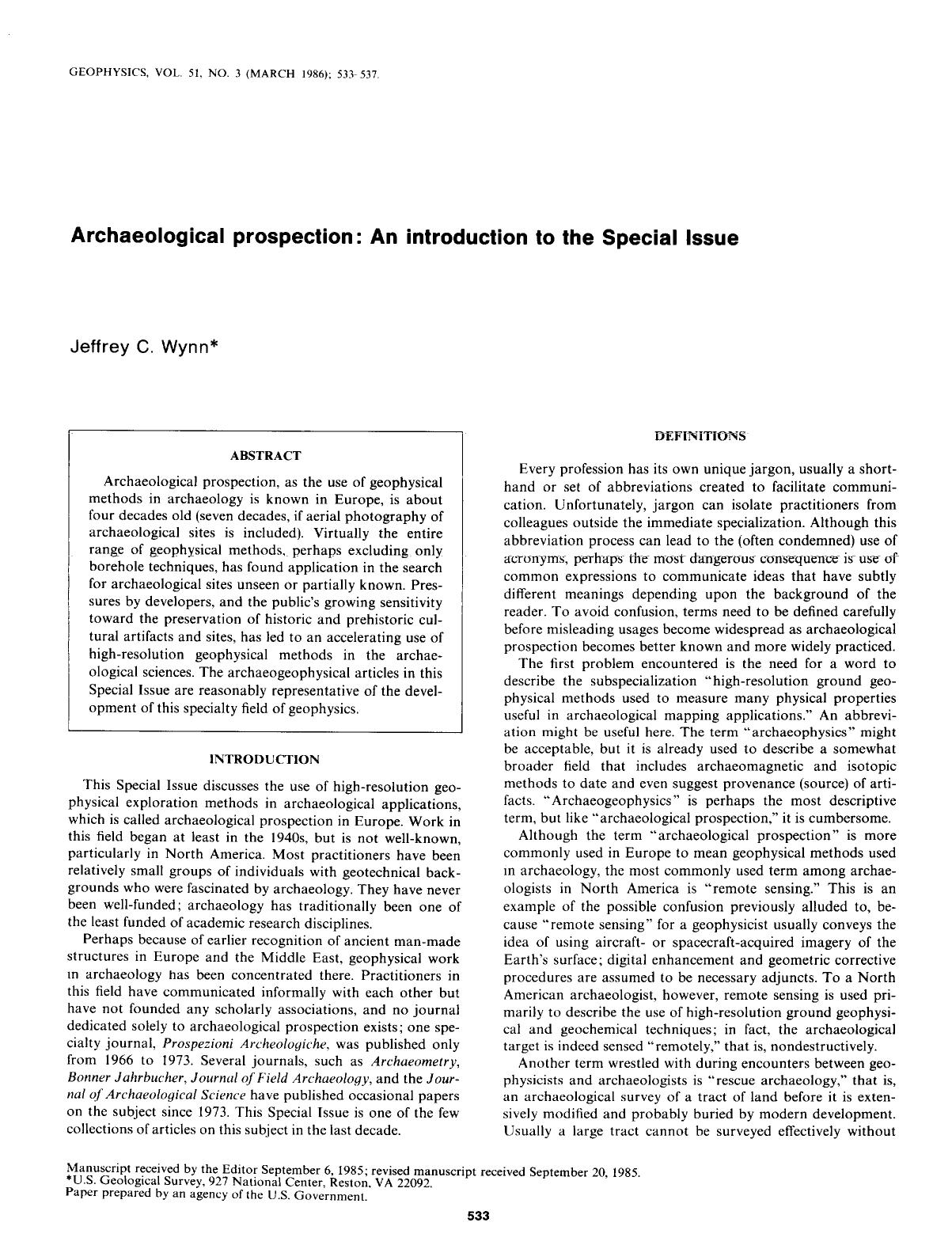 Archaeological prospection: An introduction to the Special Issue by Wynn J. C
