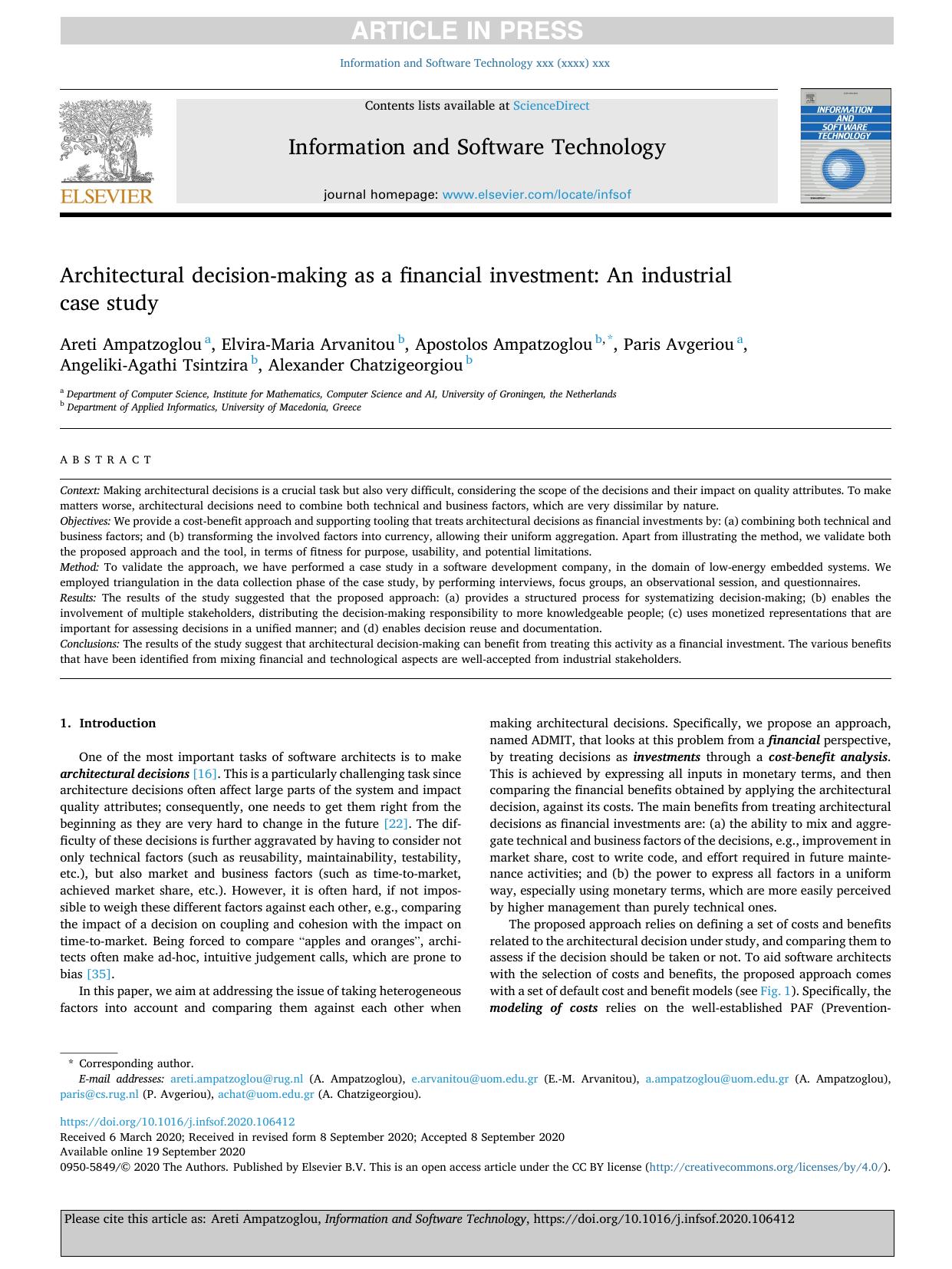 Architectural Decision-making as a Financial Investment: An Industrial Case Study by Areti Ampatzoglou
