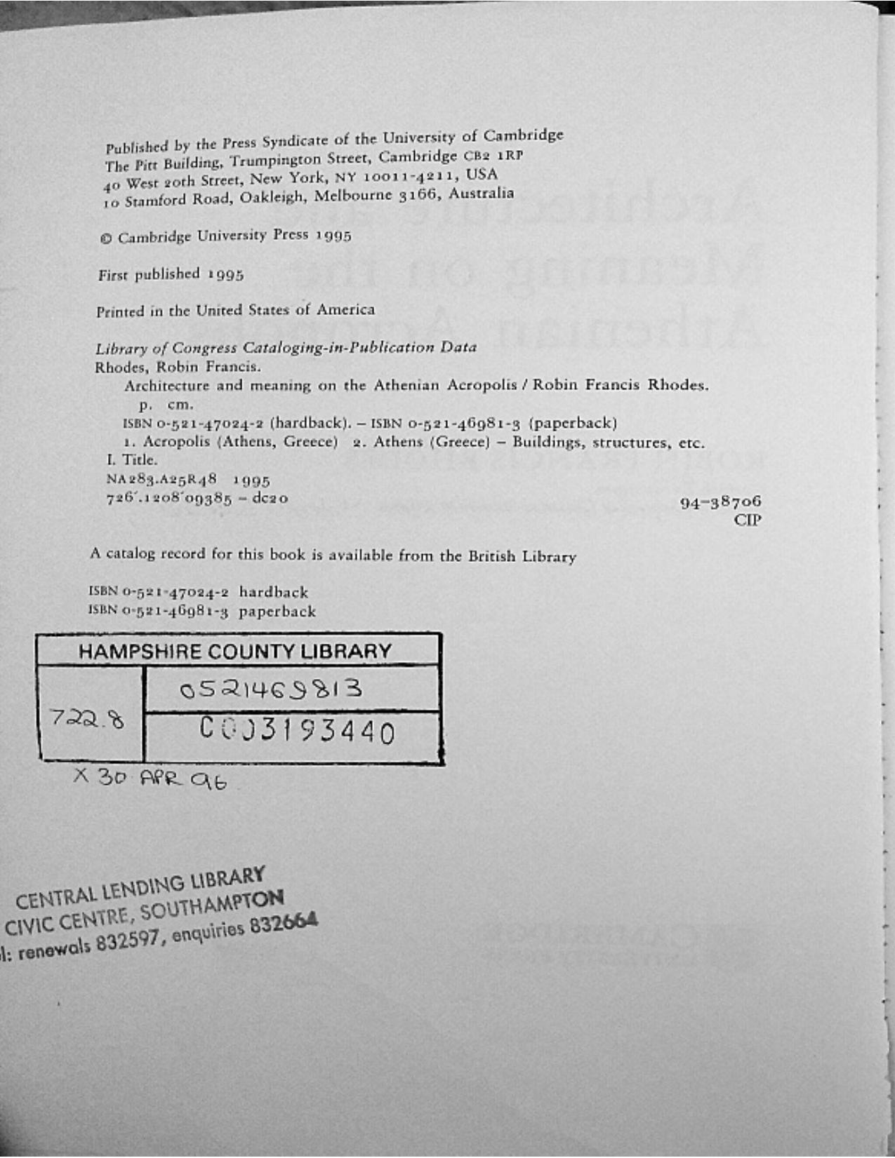 Architecture and Meaning on the Athenian Acropolis by Unknow