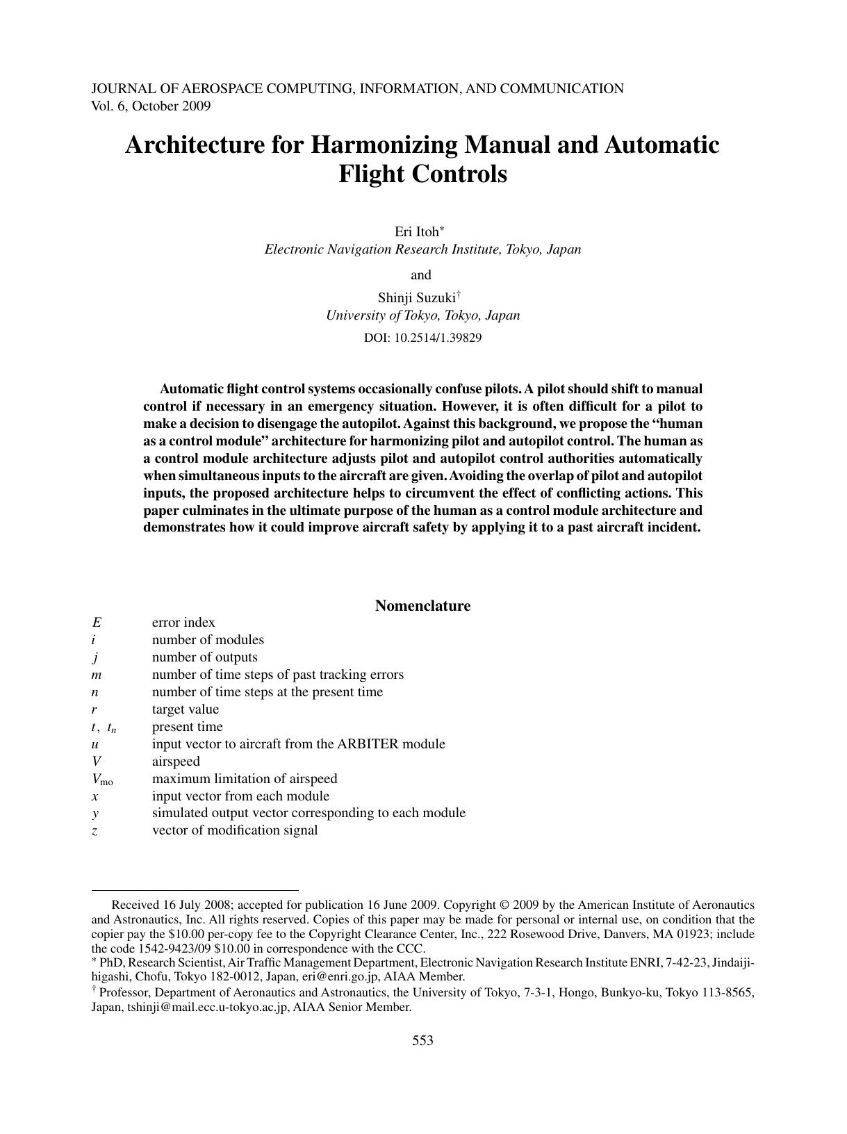 Architecture for Harmonizing Manual and Automatic Flight Controls by Unknown