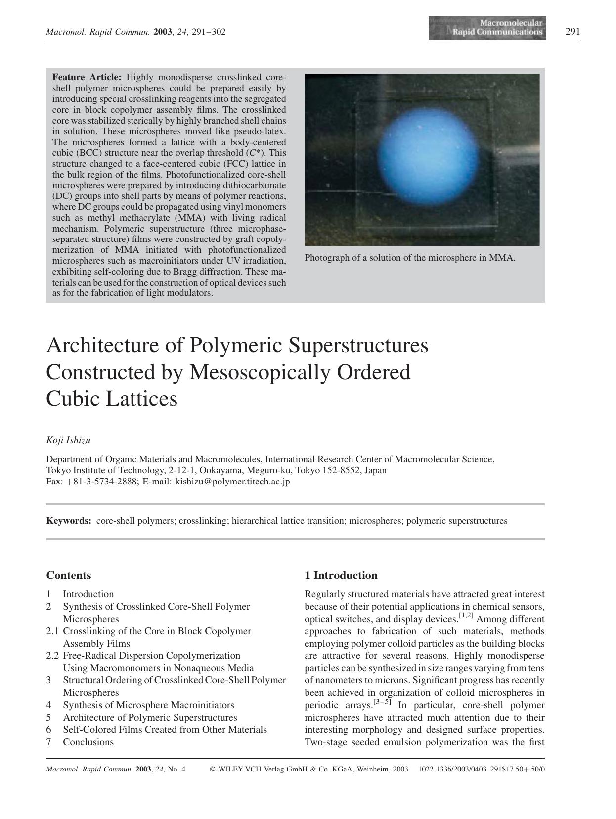 Architecture of Polymeric Superstructures Constructed by Mesoscopically Ordered Cubic Lattices by Unknown