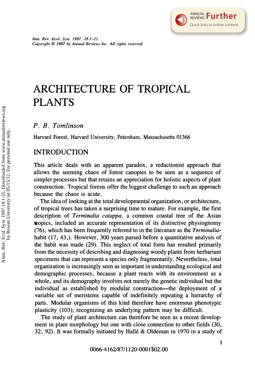 Architecture of Tropical Plants by P B Tomlinson