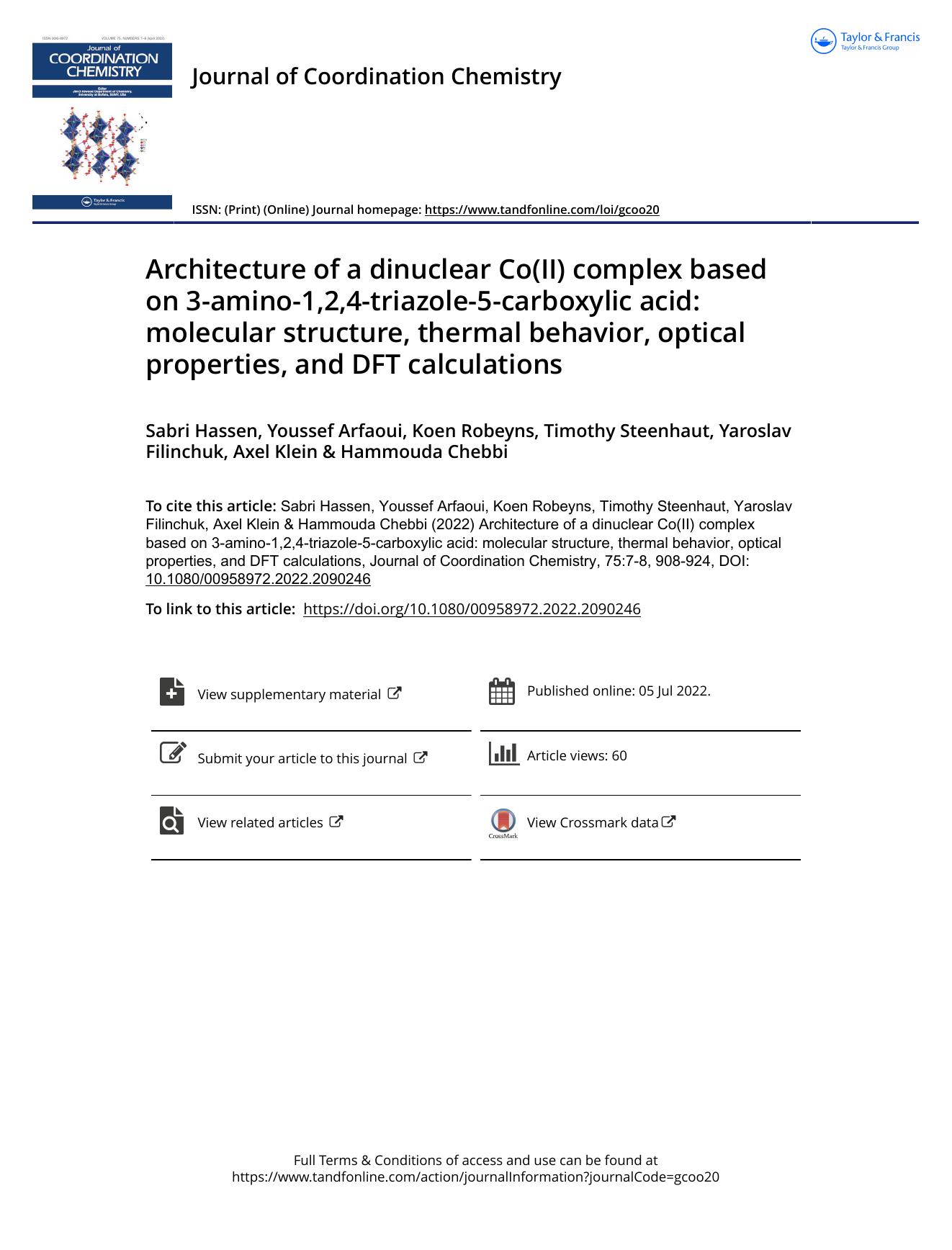Architecture of a dinuclear Co(II) complex based on 3-amino-1,2,4-triazole-5-carboxylic acid: molecular structure, thermal behavior, optical properties, and DFT calculations by unknow