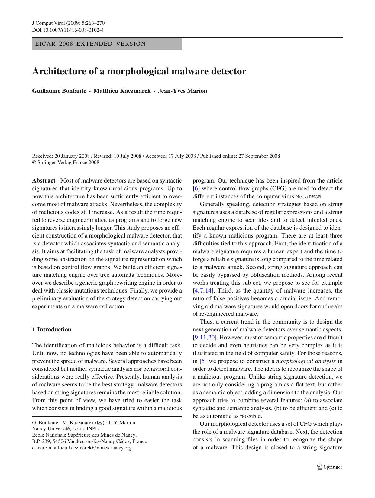 Architecture of a morphological malware detector v2 by Unknown