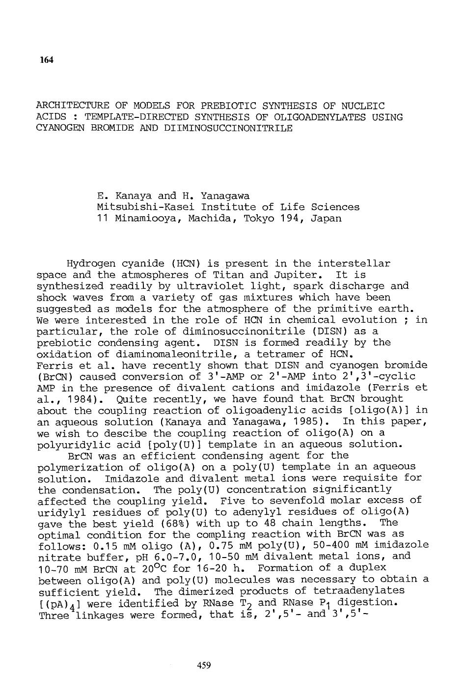 Architecture of models for prebiotic synthesis of nucleic acids : Template-directed synthesis of oligoadenylates using cyanogen bromide and diiminosuccinonitrile by Unknown