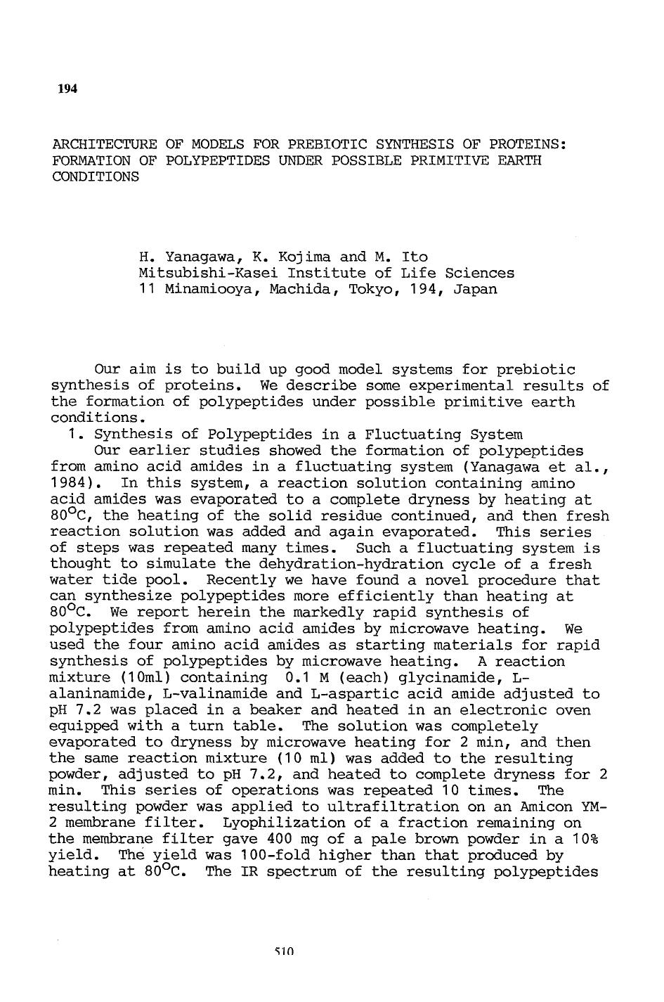 Architecture of models for prebiotic synthesis of proteins: Formation of polypeptides under possible primitive earth conditions by Unknown