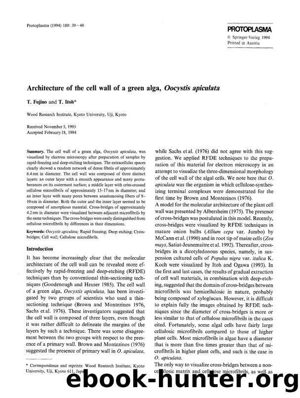 Architecture of the cell wall of a green alga, <Emphasis Type="Italic">Oocystis apiculata <Emphasis> by Unknown