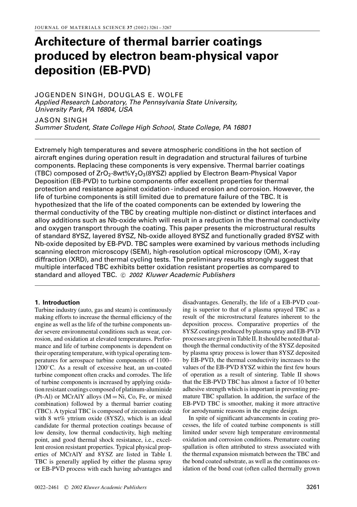 Architecture of thermal barrier coatings produced by electron beam-physical vapor deposition (EB-PVD) by Unknown
