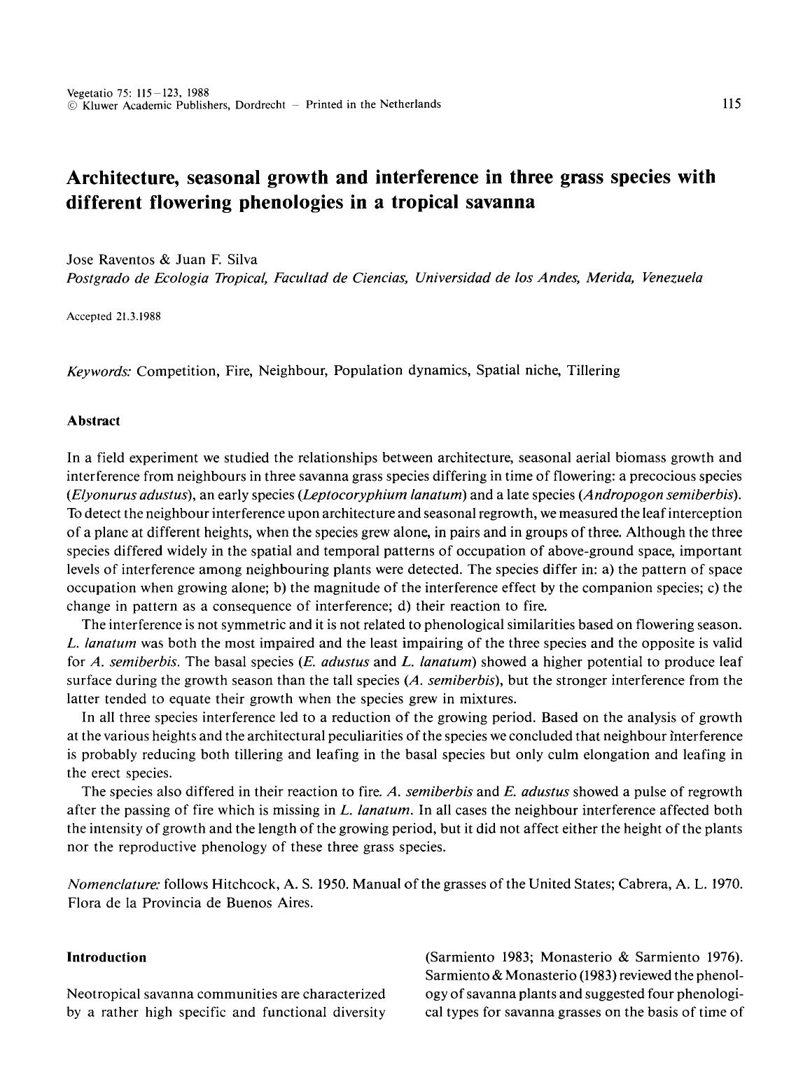 Architecture, seasonal growth and interference in three grass species with different flowering phenologies in a tropical savanna by Unknown