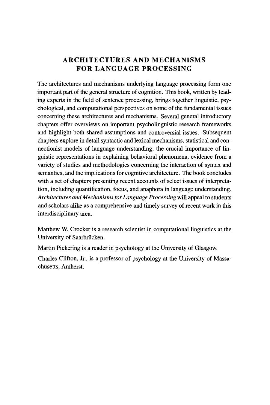 Architectures and Mechanisms for Language Processing by Matthew W. Crocker Martin Pickering Charles Clifton Jr