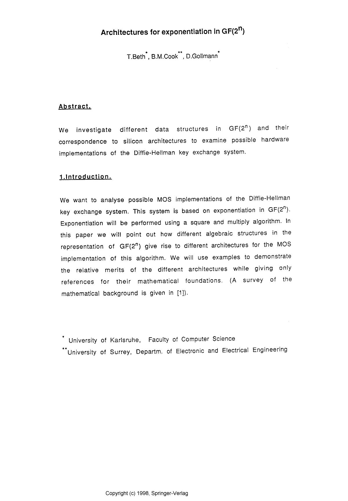 Architectures for exponentiation in GF(2n) by Beth T. Cook B. M. & Gollmann D