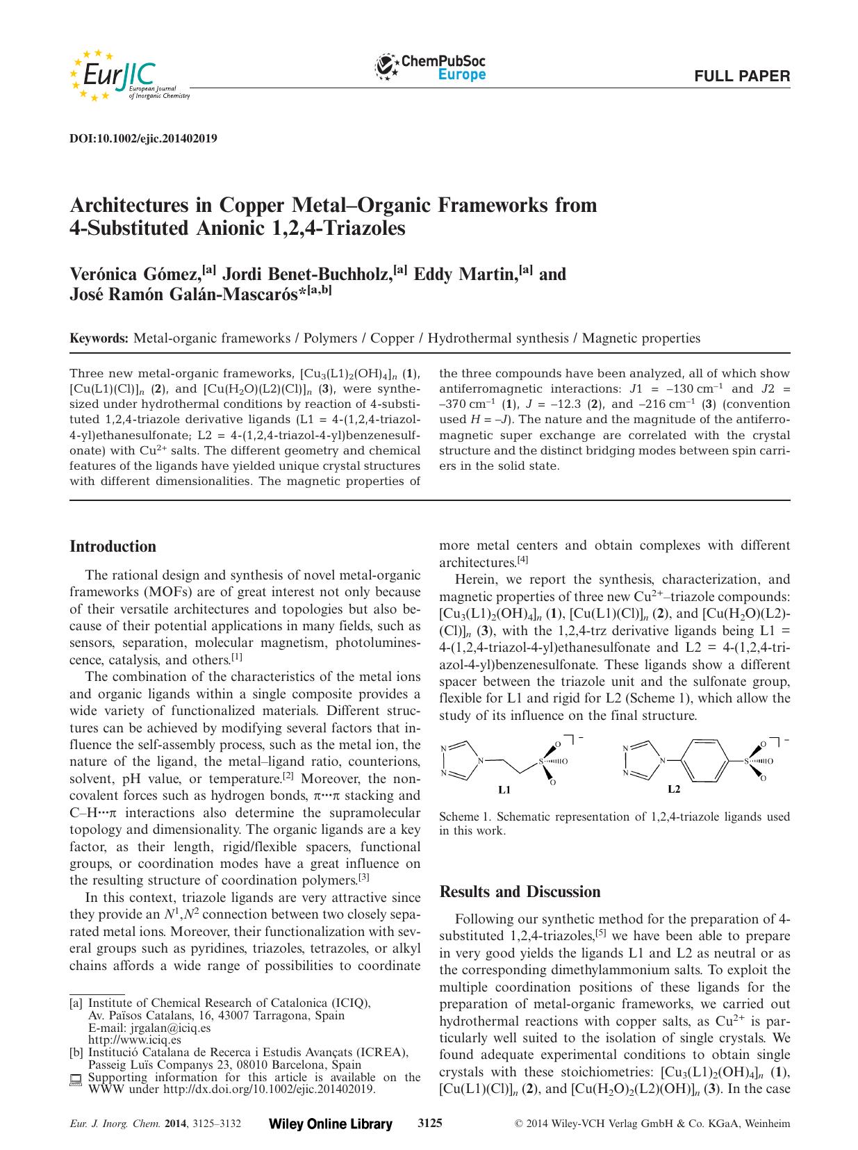 Architectures in Copper MetalOrganic Frameworks from 4Substituted Anionic 1,2,4Triazoles by Unknown