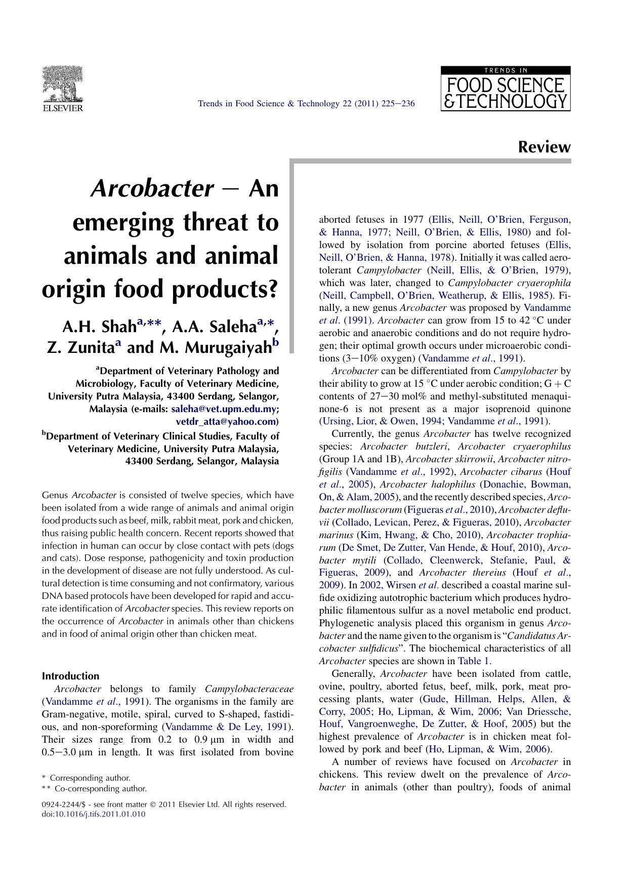 Arcobacter - An emerging threat to animals and animal origin food products? by A.H. Shah & A.A. Saleha & Z. Zunita & M. Murugaiyah