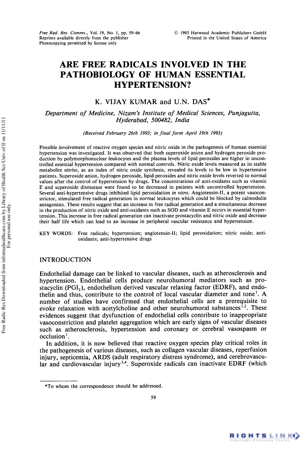 Are Free Radicals Involved in the Pathobiology of Human Essential Hypertension? by K. Vijay Kumar1 & U. N. Das1